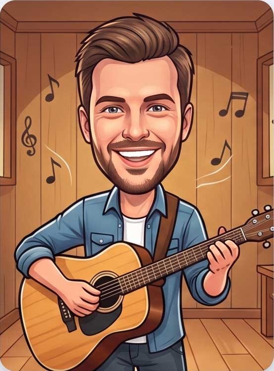 Photo of a man transformed into a musician caricature artwork by Caricature4U