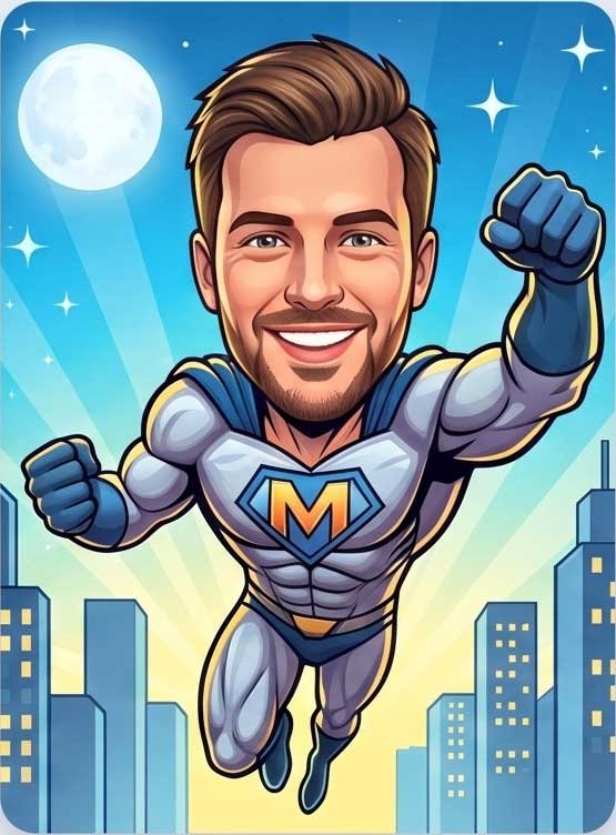 Photo of a man transformed into a superhero caricature artwork by Caricature4U
