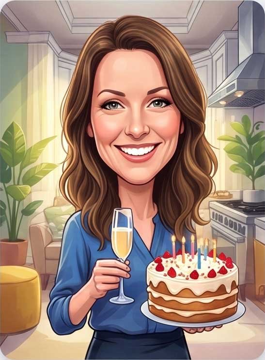 Photo of a woman transformed into a birthday caricature artwork by Caricature4U