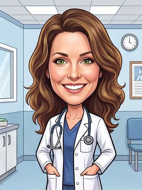 Custom made caricature of a woman doctor in a doctor office