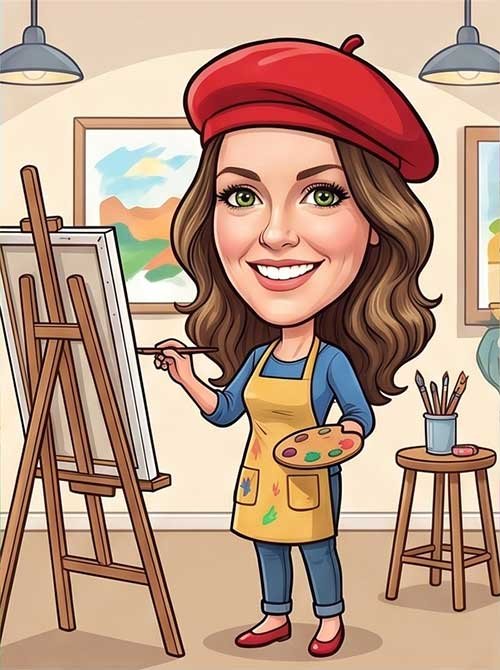 Personalised caricature of a woman painting artist