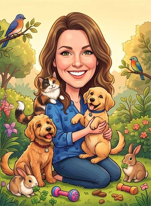 Cartoon caricature portrait of a woman animal lover with her pets