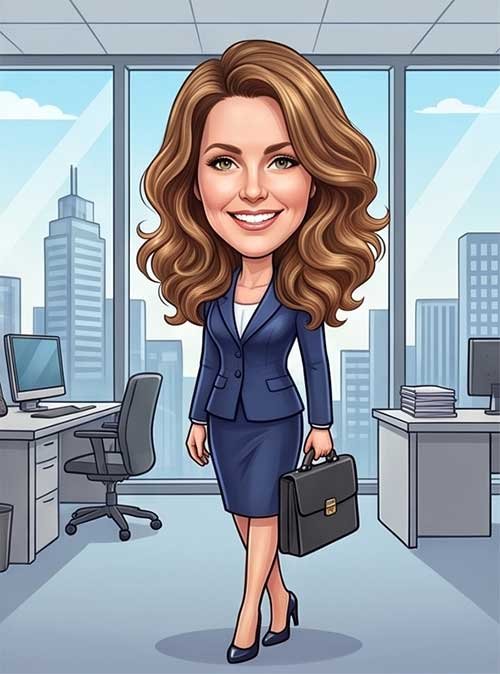 Cartoon caricature portrait of a business woman in a nice office