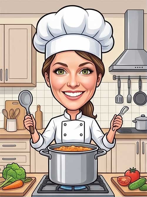 Custom caricature of a woman chef cooking in a kitchen