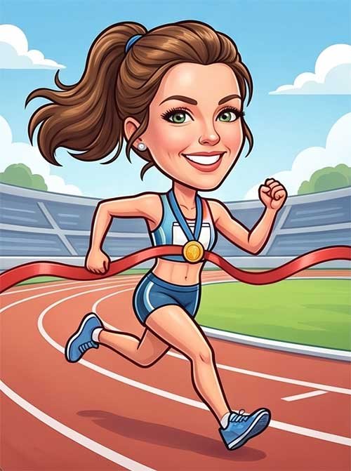 Colourful caricature illustration of a woman athlete running