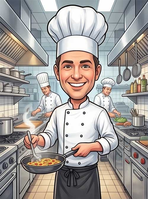 Custom made portrait caricature of a chef cooking a dish in a professional kitchen