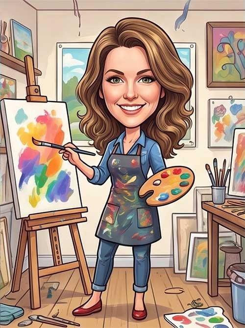 Caricature portrait of a beautiful woman artist painting