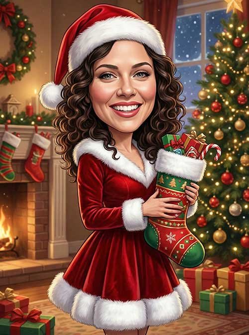 Christmas-themed caricature of a woman dressed in a christmas outfit, personalised gift
