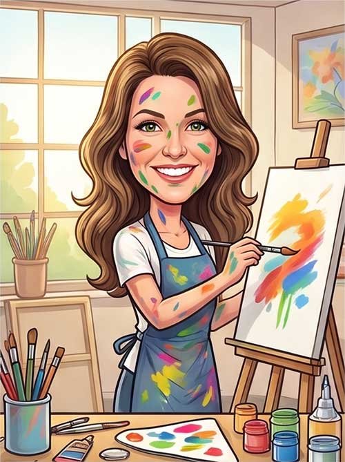 Personalised caricature portrait of a woman painting
