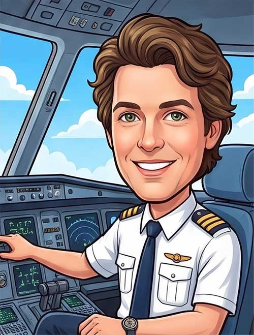 Funny portrait caricature of a pilot in an airplane