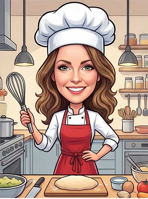 Personalised caricature of a woman chef cooking in her kitchen