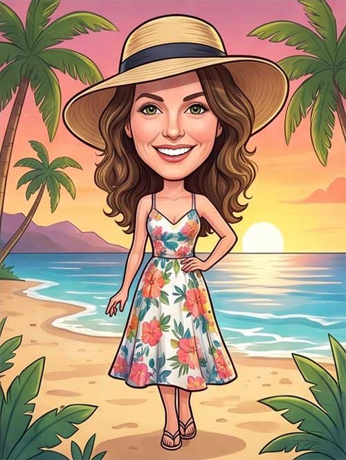 Personalised portrait caricature of a beautiful woman on a beach at sunset