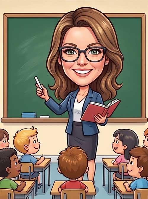 Personalised caricature of a teacher woman with childrens in class