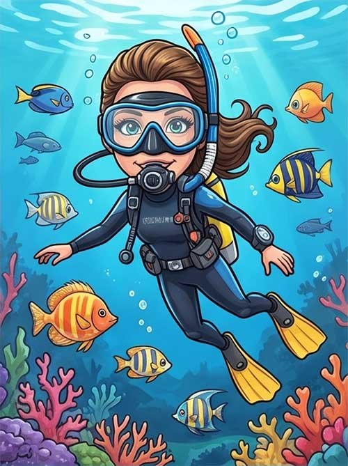 Custom caricature of a woman scuba diving with colourful fishes around her
