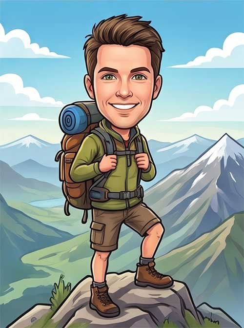 Caricature illustration of a man on top of the mountain