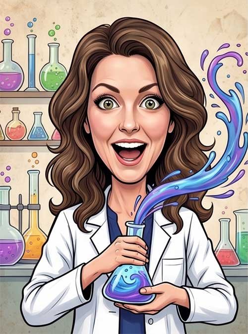 Fun caricature of a woman scientist, personalised illustrated portrait