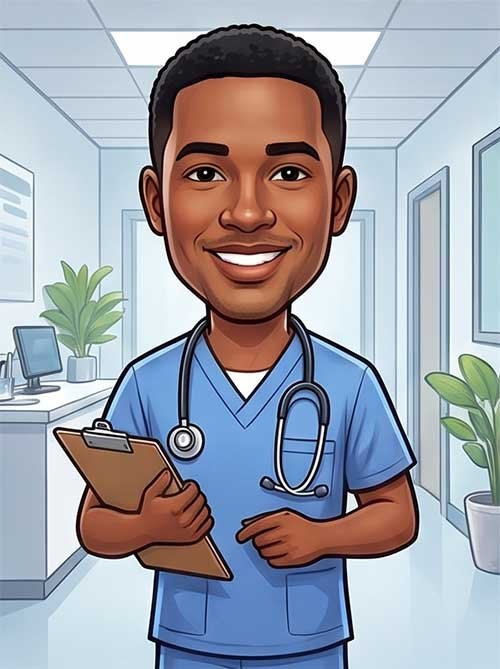 Caricature of a man as a doctor in a hospital building
