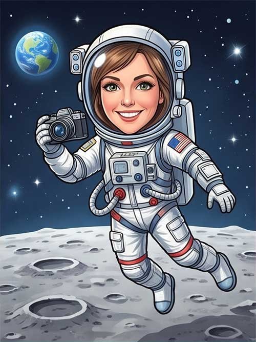 Custom caricature of a woman austronaut on the moon, fun personalised gift
