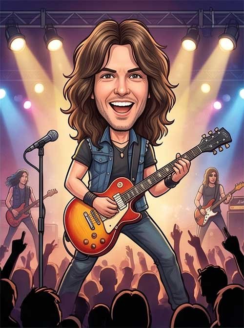 Custom caricature of a man playing electric guitar in front of a crowd