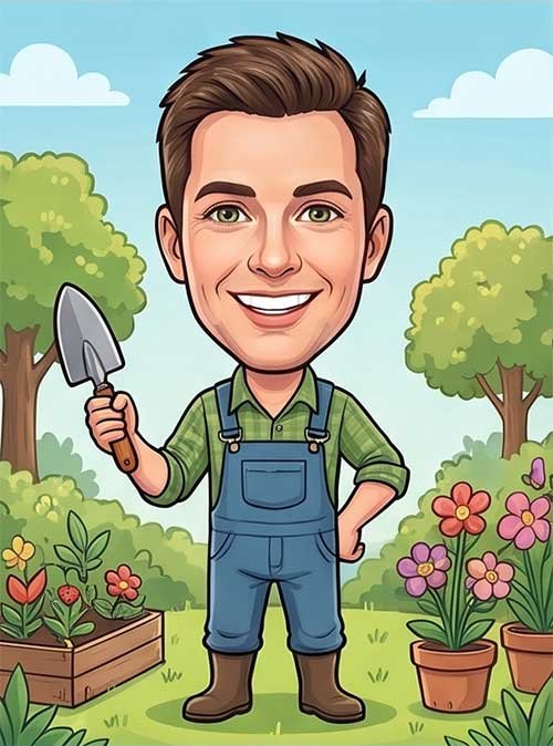 Colourful caricature portrait of gardener sitting in a garden