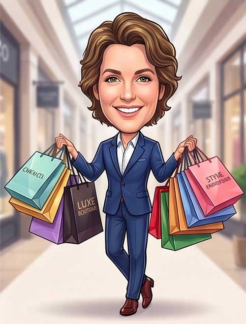 Caricature of a person in a shopping mall carrying shopping bags