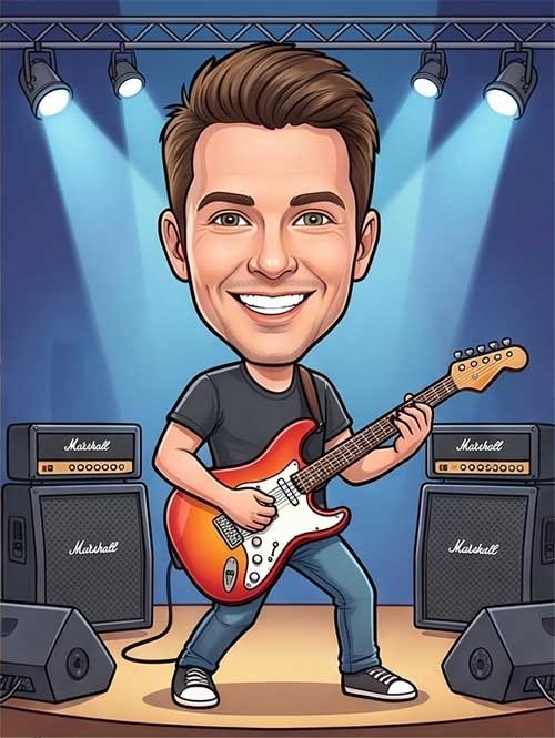 Custom caricature of a man playing guitar on stage with speakers in the background
