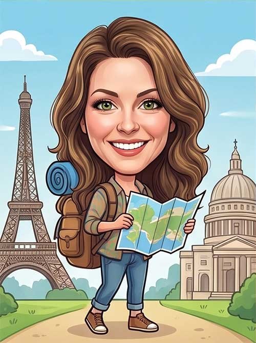 Personalised caricature of a woman on a world trip in Paris holding a map