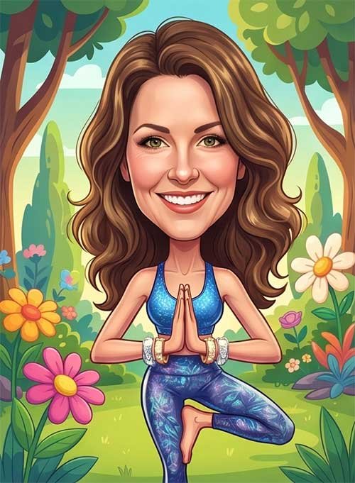Personalised caricature of a woman doing yoga
