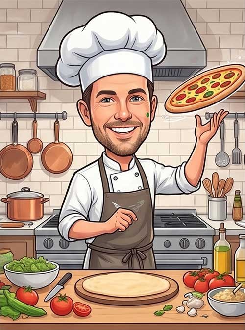 Custom made caricature of a man chef cooking pizza in a modern kitchen