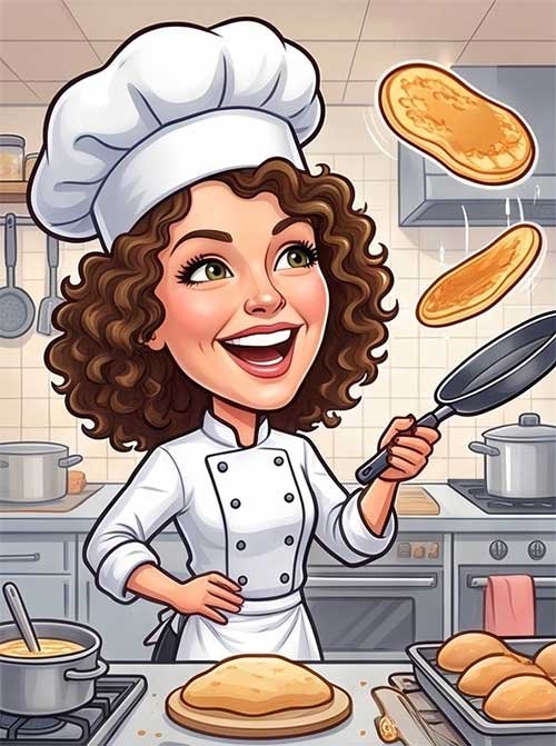 Personalised caricature of a woman chef cooking pancakes in a professional kitchen